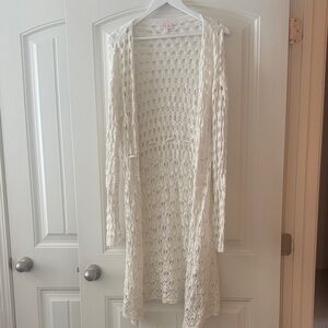 Pink Lily Cream Crochet Open Front Duster Cardigan